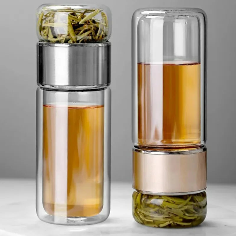 420ML Double Layer Borosilicate Glass Tea Water Bottle with Infuser - Leakproof Drinkware
