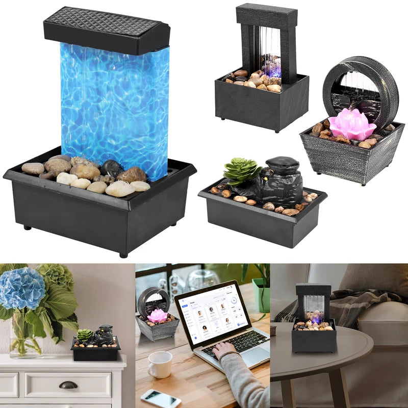 Mini Desktop Fountain with Light Battery and USB Powered Waterfall Decoration