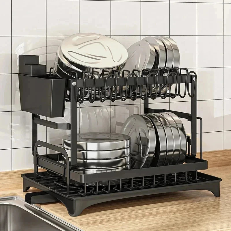 Large Capacity 2-Tier Metal Dish Rack with Drain Tray - Kitchen Organizer