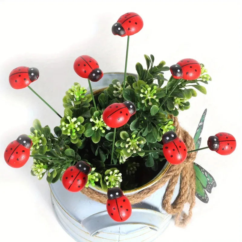 10pcs Wooden Ladybug Garden Stakes Outdoor Yard Decor Spring Festival Decoration