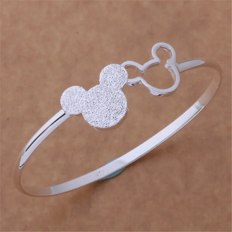 925 Sterling Silver Mickey Bangle Bracelets for Women - Frosted Jewelry Gift