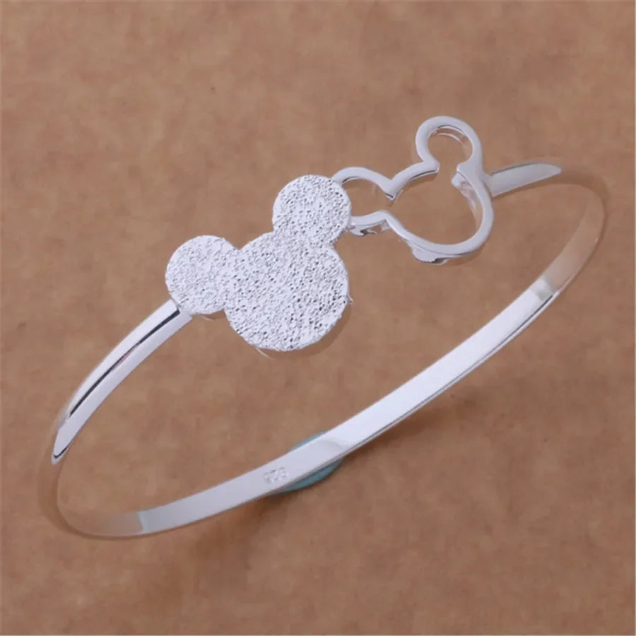 925 Sterling Silver Mickey Bangle Bracelets for Women - Frosted Jewelry Gift