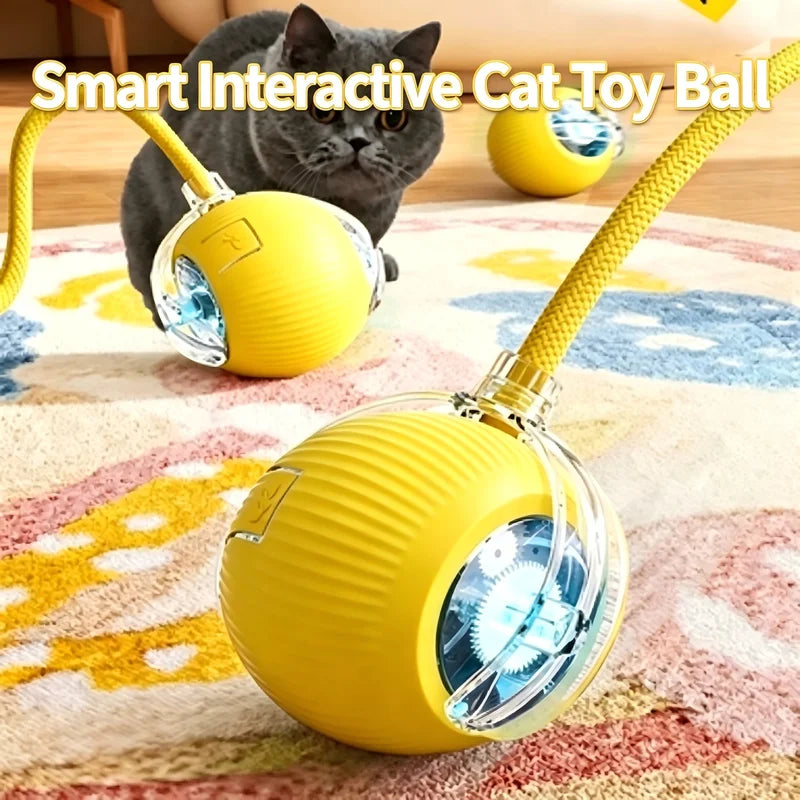 Interactive Cat Toy Ball with Obstacle Avoidance & Adjustable Speed - Rechargeable Electric Self-Rolling Ball with Elastic Rope