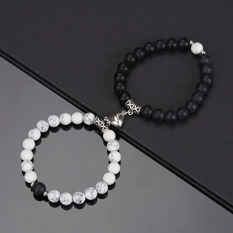 Natural Stone Beads Couple Bracelets - Heart Magnet Friendship Jewelry 2Pcs Set