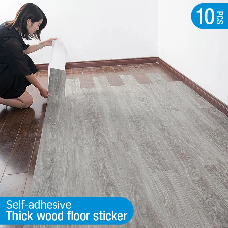 10 Pieces PVC 3D Self-Adhesive Floor Stickers Waterproof Wood Grain Wall & Floor Decor
