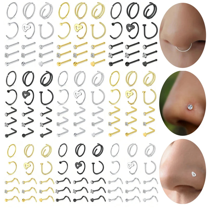 15Pcs Stainless Steel Nose Rings Studs Hoops Lip Bone Shaped Piercing Jewelry