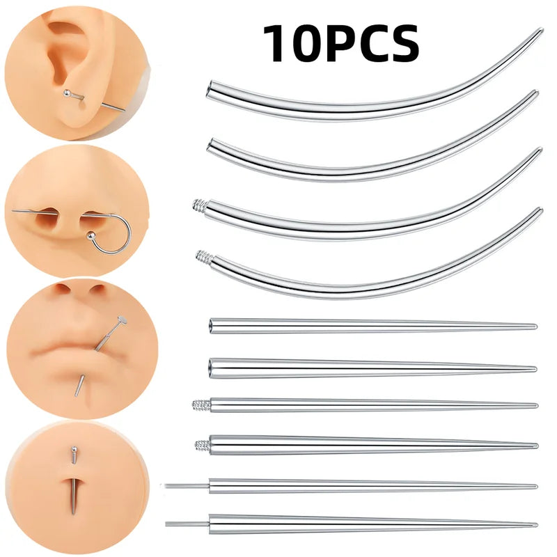 10pcs Stainless Steel Piercing Guide Rods for Jewelry Stretching & Threaded Piercings
