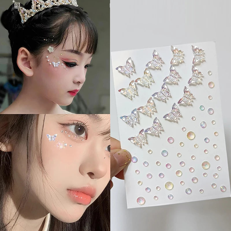 Self-Adhesive Face Gems and Rhinestones for Festival Makeup - Waterdrop, Moon, Pearls, Glitter