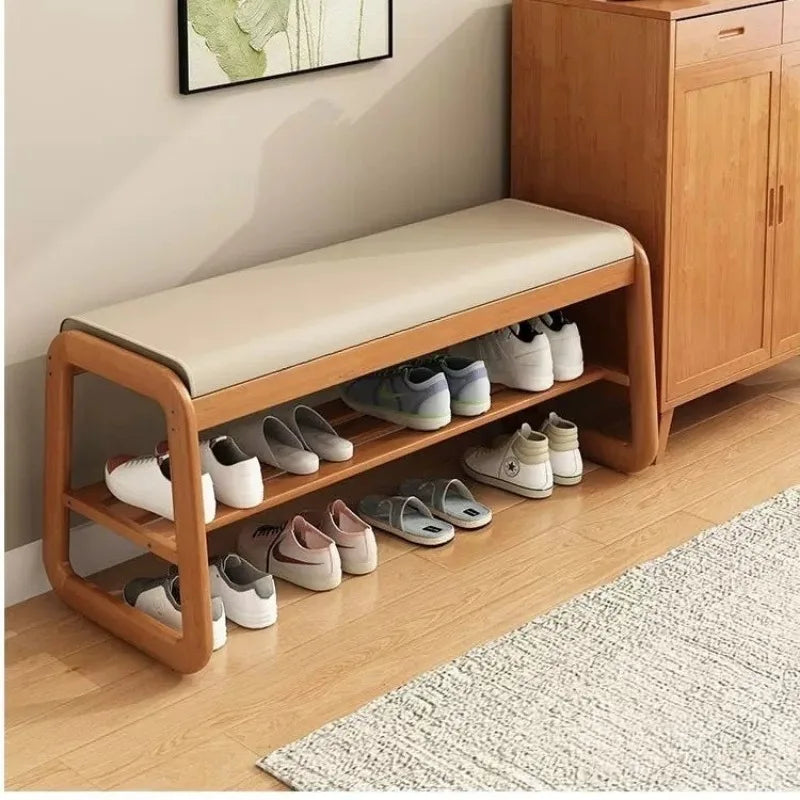 Solid Wood Shoe Changing Stool with Multi-Layer Shoe Storage - Household Shoe Rack