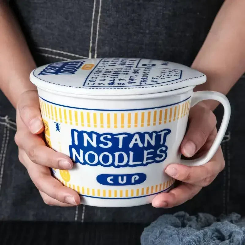 Large Capacity Ceramic Instant Noodle Bowl with Cover for Hot Meals - Multiple Colors