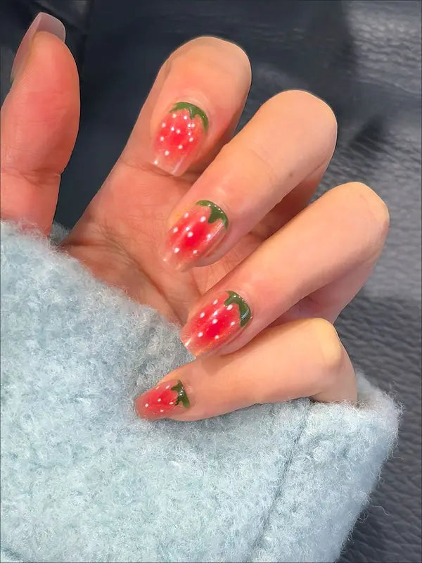 10pcs Short Fake Nails with Strawberry & Cat's Eye Design - Full Cover Press On Nails