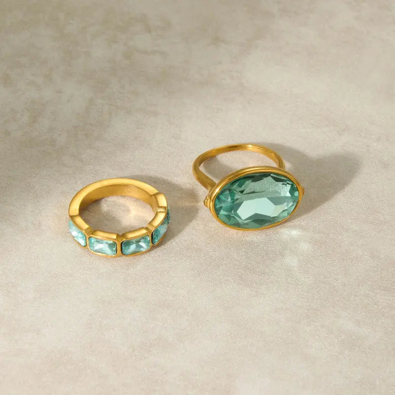 Large Blue Glass Finger Rings for Women - Minimalist Zirconia Jewelry Set
