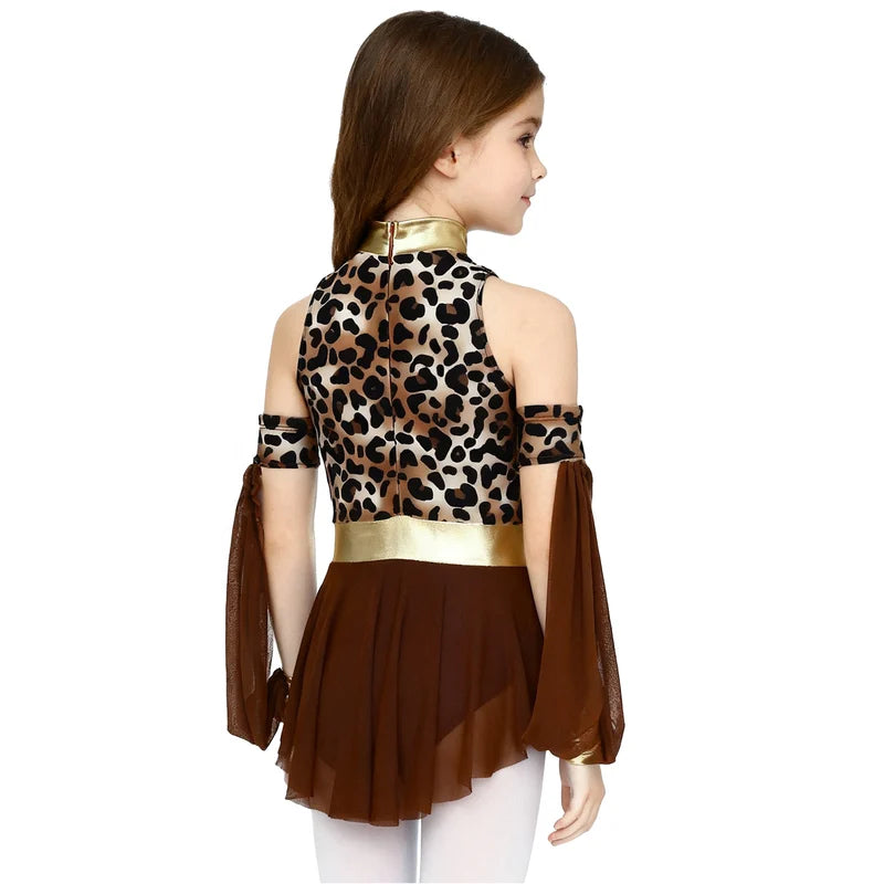 Kids Girl Halloween Leopard Costume Dress with Oversleeves - Prehistoric Theme
