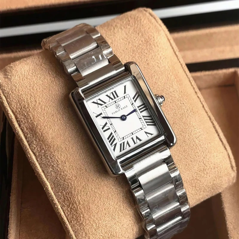 Couple Waterproof Quartz Watch with Roman Numeral Dial Stainless Steel Band