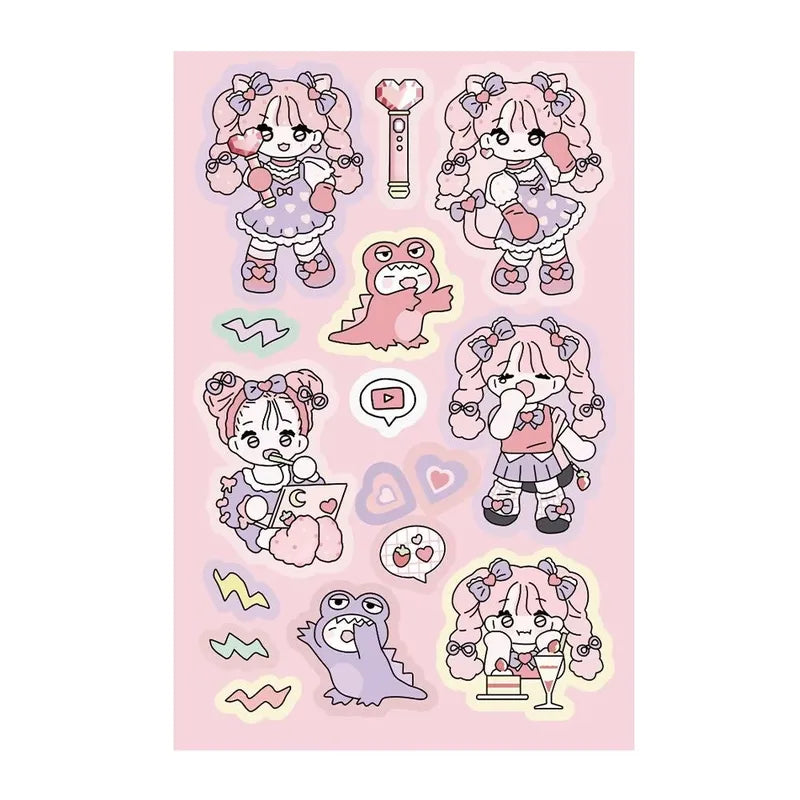 Kids Cartoon Girl Stickers Set - 3 Korean Flat Q-Version Character Decals for DIY Crafts