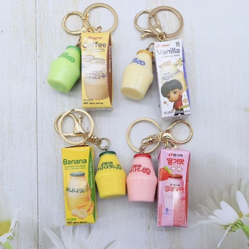 Faux Milk Keychain Set Bag Charm Resin Fruit Drink Accessories