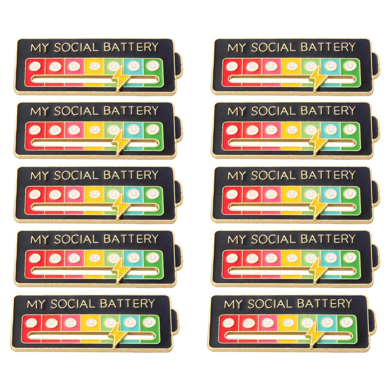 10-Pack Social Battery Badge Pins Mood Expression Brooches for Women & Men