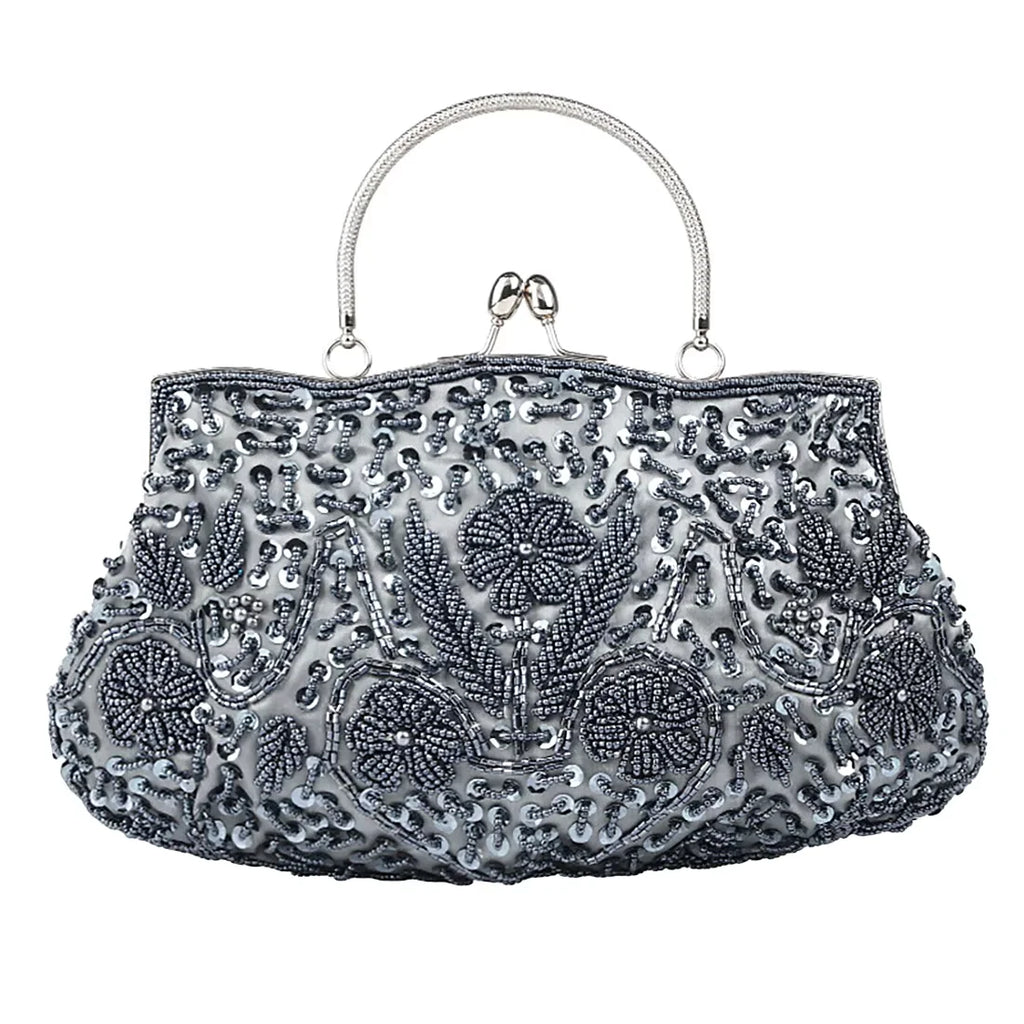 Women's Beaded Embroidered Small Evening Clutch Bag with Chain Shoulder Strap
