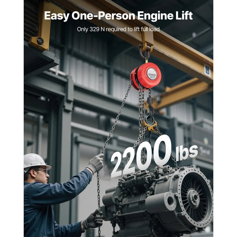 Manual Chain Hoist with 2200/4400 lbs Capacity & Adjustable Lifting Heights