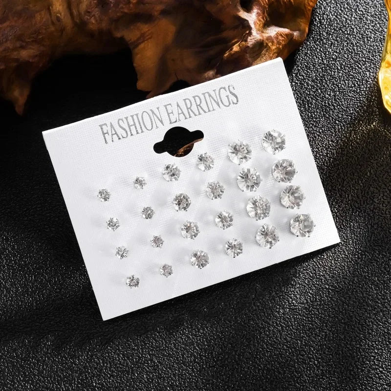 12-Pair White Shiny Wedding Stud Earrings Set for Women & Men Crystal Jewelry