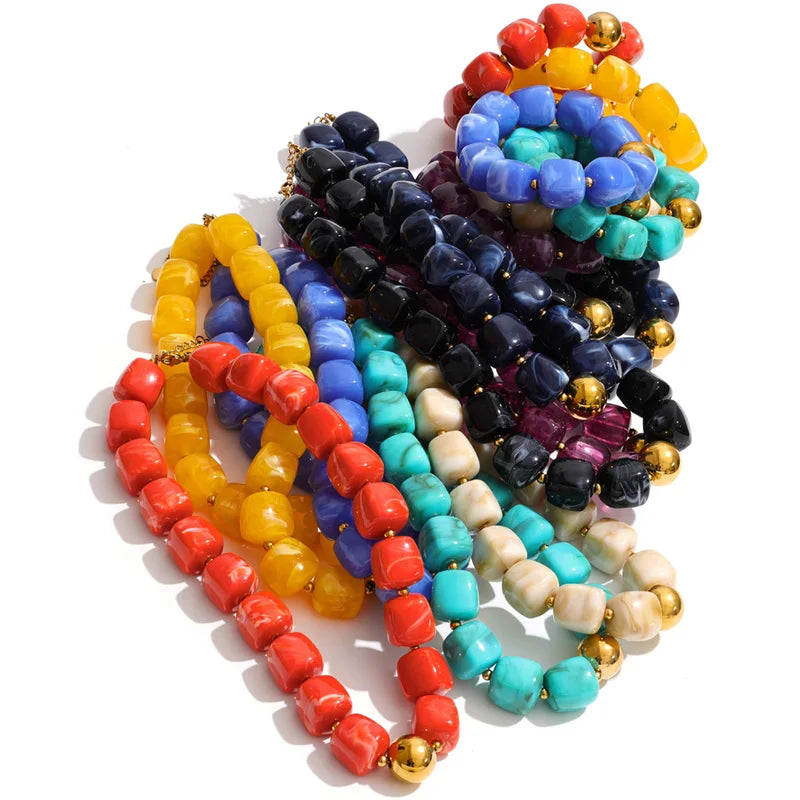 Summer Handmade Jewelry Chain Necklace & Bracelet Set with Acrylic Resin Beads