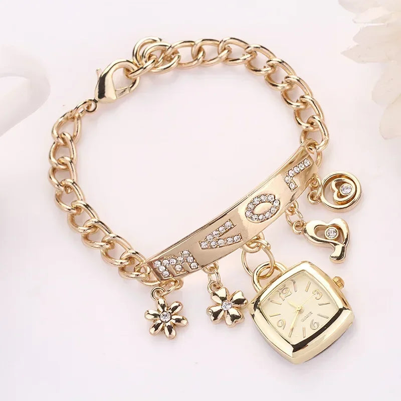 Women Dress Watches with Rhinestone Letters Flower Pendant Chain Bracelet Gift