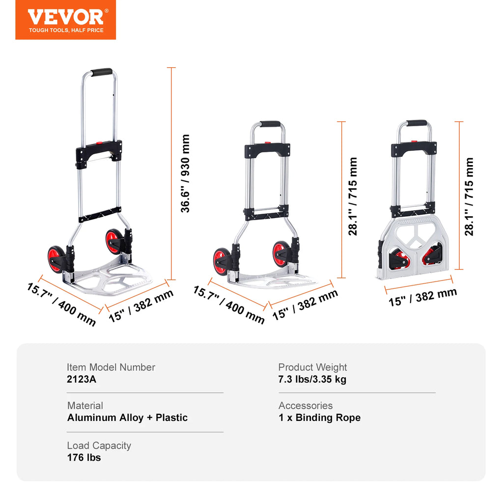 Heavy Duty Folding Hand Truck Cart Dolly with Telescoping Handle and Rope - 176/275/309 lbs Capacity