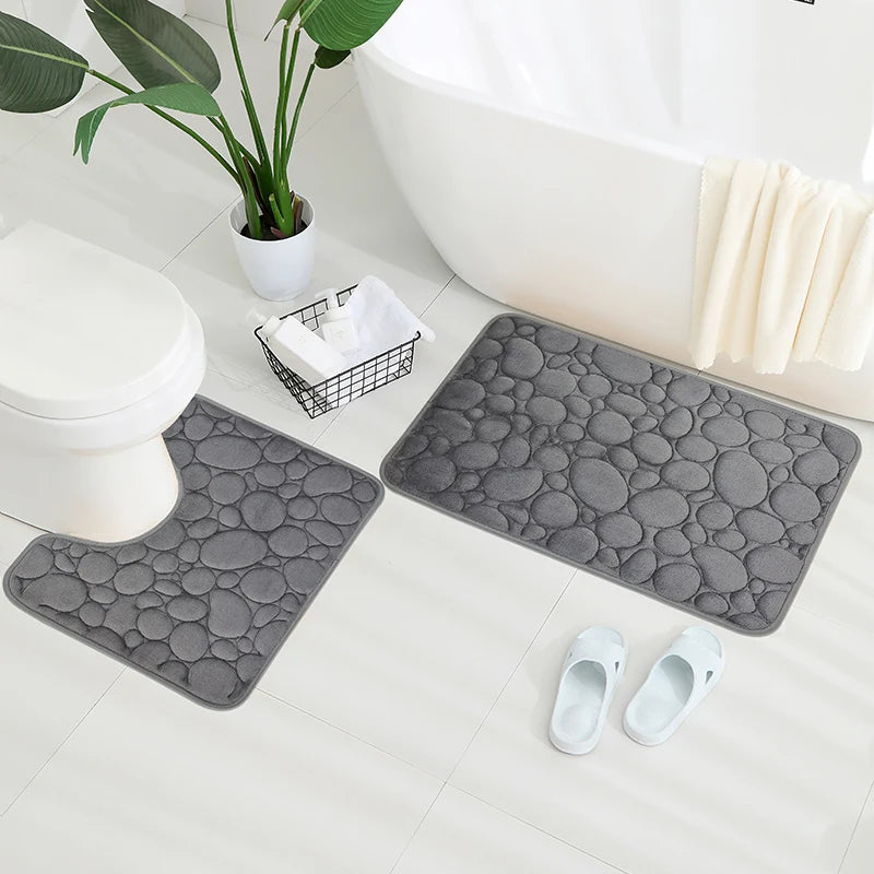 Embroidery Pebble Coral Velvet Floor Mat Set U-Shaped Sponge Absorbent Door Bathroom Rug