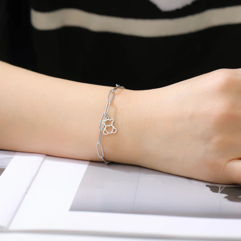 Cute Love Bear Pendant Women's Bracelet with Heart Charm - Stainless Steel Jewelry for Valentine's Day