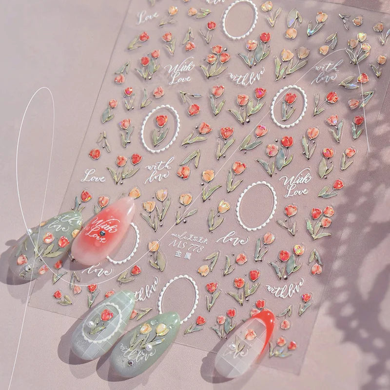 Spring Flower Nail Art Stickers Self-Adhesive 5D Cherry Blossom Tulip Decals