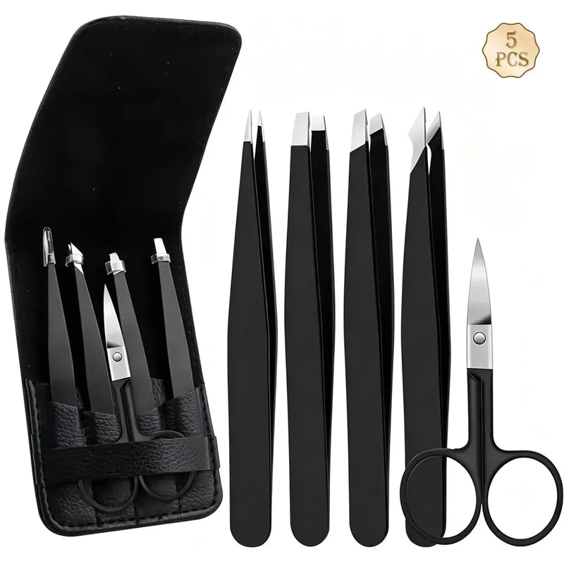 5-Piece Stainless Steel Eyebrow & Lash Tweezers Set Professional Hair Removal Tools