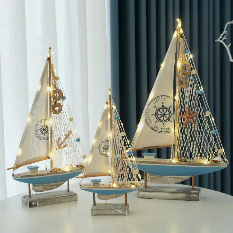Retro Mediterranean Wooden LED Sailing Boat Model Desktop Decor Ocean Style Gift
