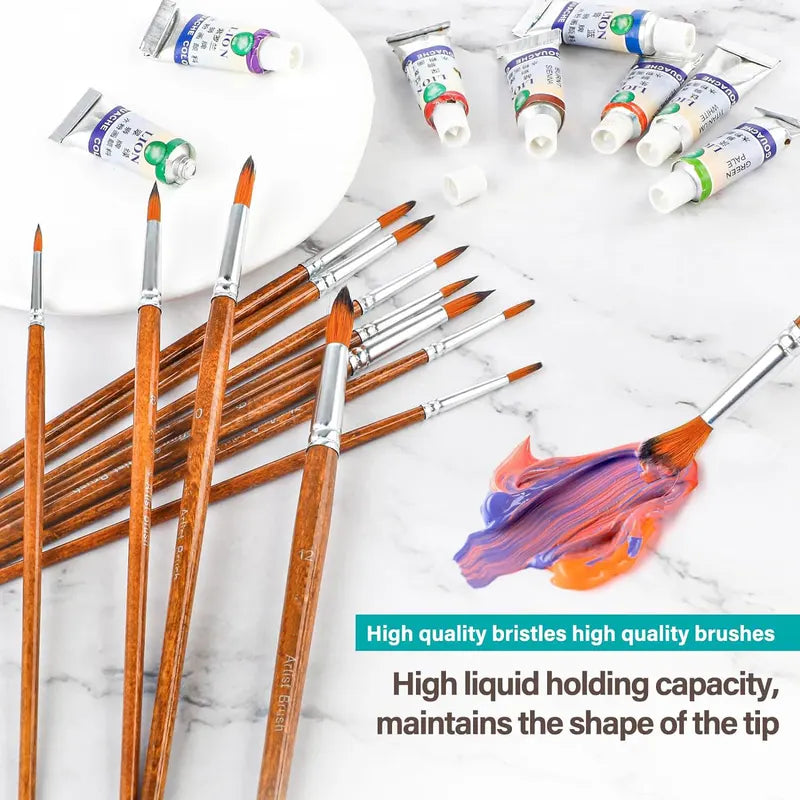 12-Piece Artist Paint Brush Set - Versatile Watercolor, Acrylic, Oil & Gouache Brushes
