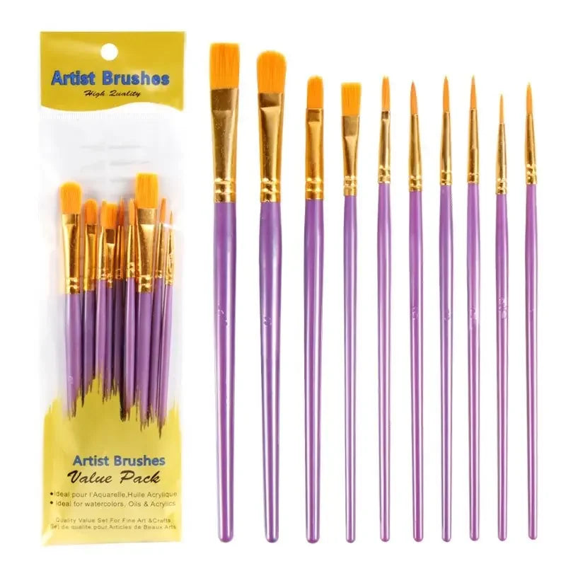10-Piece Paint Brush Set - Nylon Hair Art & Craft Brushes for Acrylic, Watercolor, Oil, Nail & Face Painting