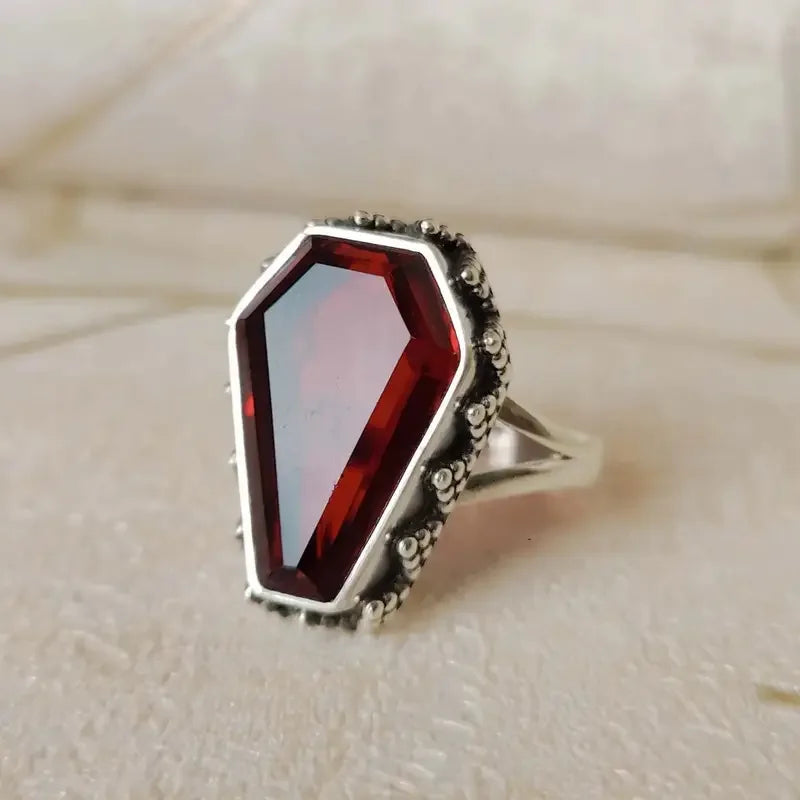 Retro Garnet Coffin Shape Silver Ring for Women Boho Gothic Halloween Jewelry