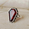 Retro Garnet Coffin Shape Silver Ring for Women Boho Gothic Halloween Jewelry
