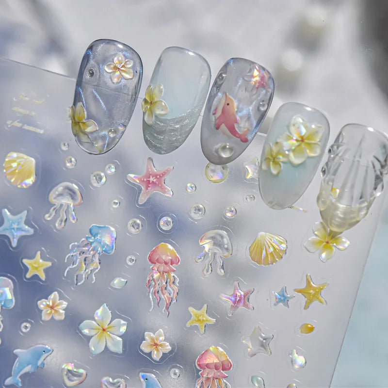 Ocean Marine Life Nail Art Stickers 5D Embossed Decals for Nails