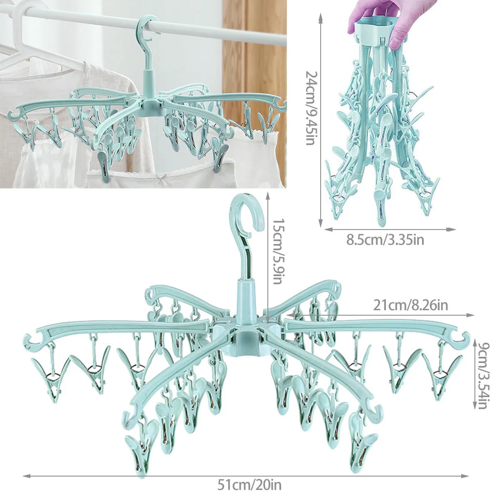 Foldable 24-Clip Rotating Clothes Dryer Rack for Socks and Underwear