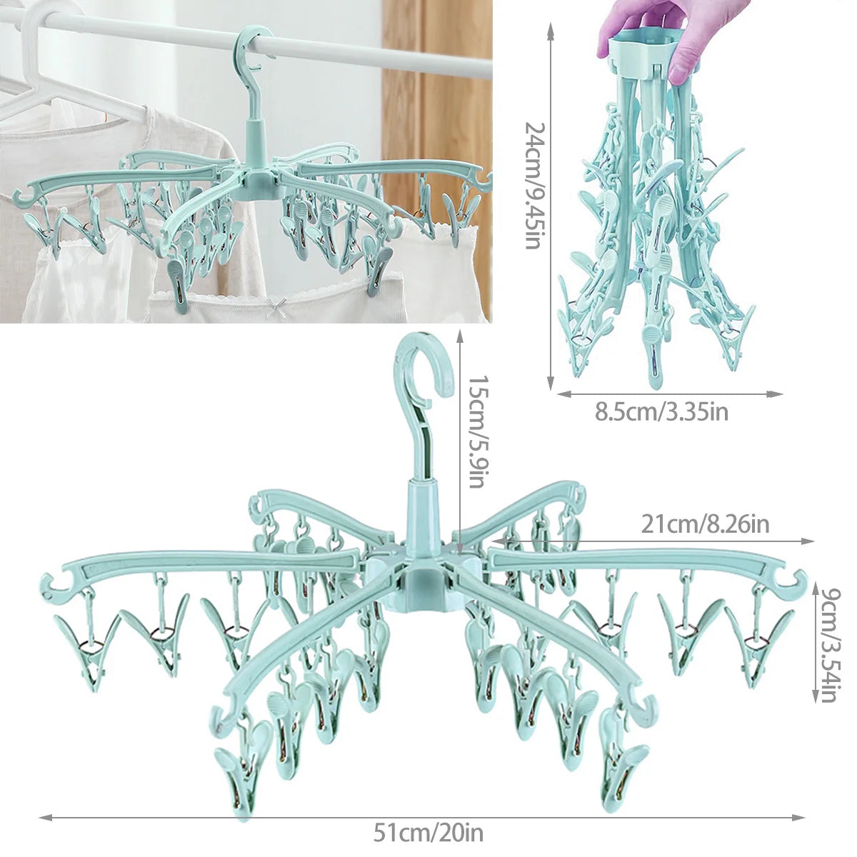 Foldable 24-Clip Rotating Clothes Dryer Rack for Socks and Underwear