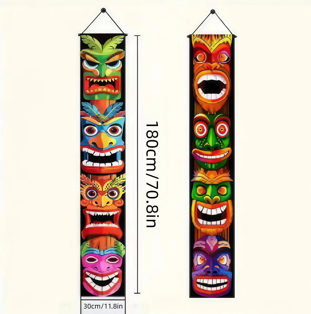 2-Piece Hawaiian Tiki Door Flag Set with Aloha Tropical Logo for Party and Decor