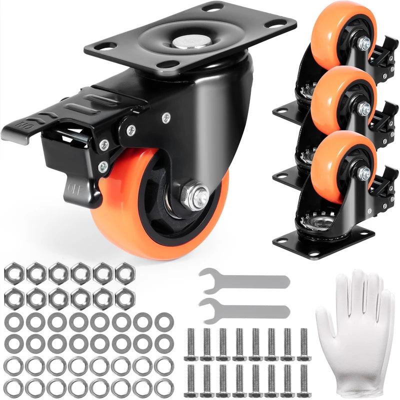 Heavy-Duty Swivel Caster Wheels with Locking PVC No Noise 4pcs - Adjustable Color