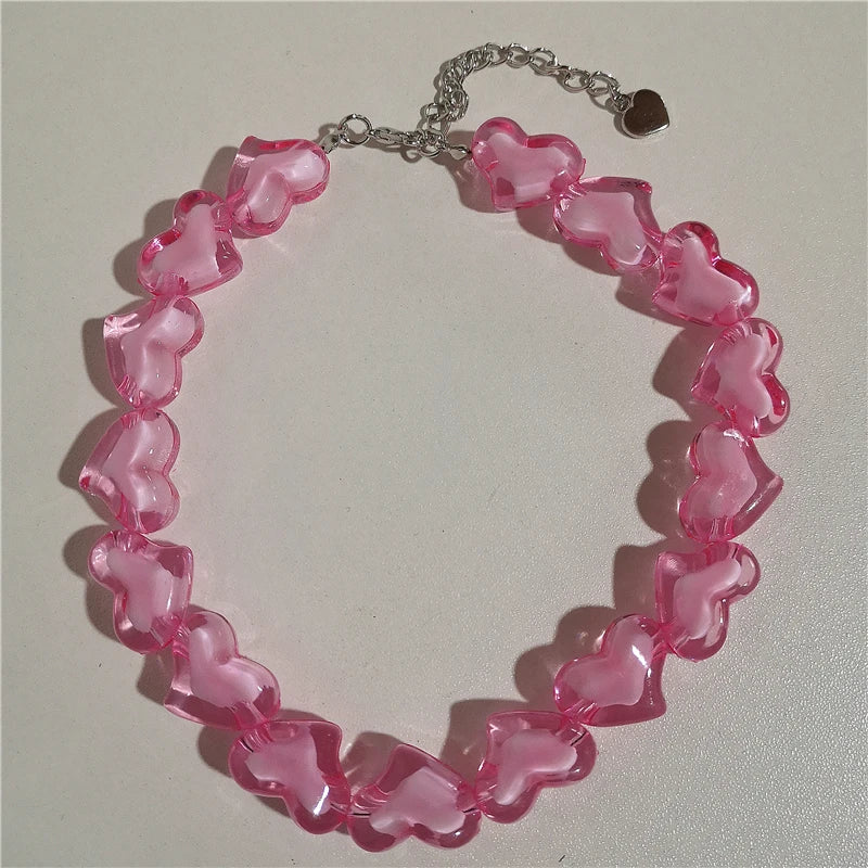 Kpop Y2K Goth Harajuku Acrylic Heart Beaded Choker Necklace for Women Girls