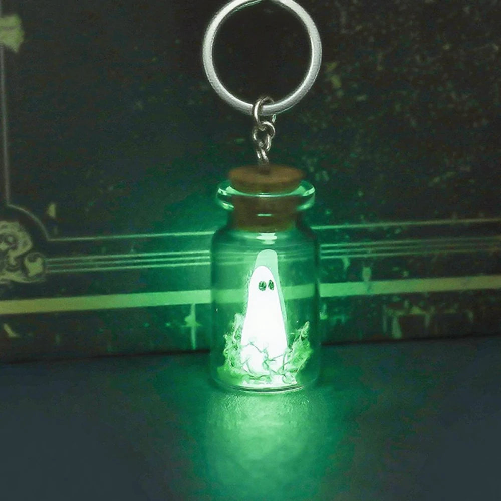 Glow-in-the-Dark Ghost Keychain with Glass Bottle Pendant - Halloween Jewelry Gift