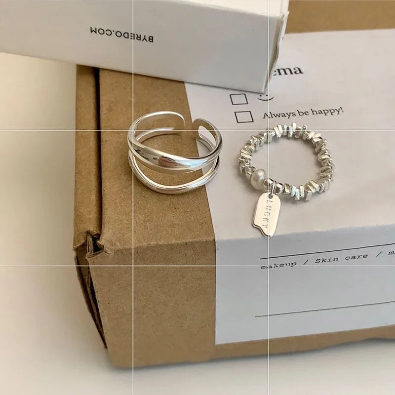 Sterling Silver Geometric Double Layer Ring for Women - Handmade Vintage Style