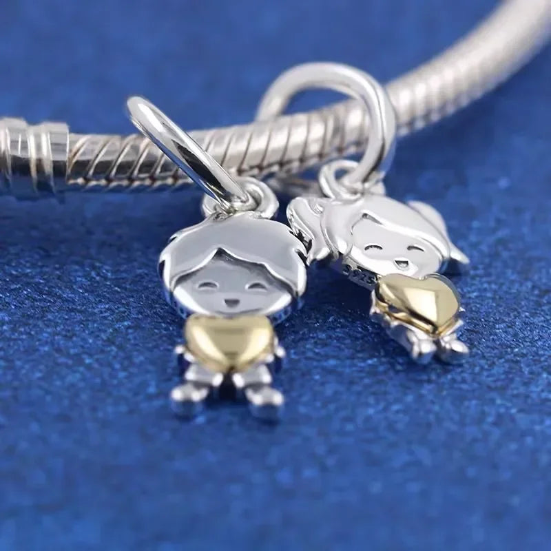 Couple Love Heart Charms Beads Set for DIY Bracelets - Silver Tone Jewelry Gift