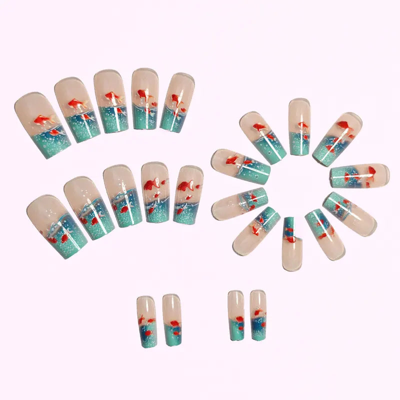 Medium Long Square Fake Nails for Women Summer Fish Design Full Cover Press-On Acrylic Nails