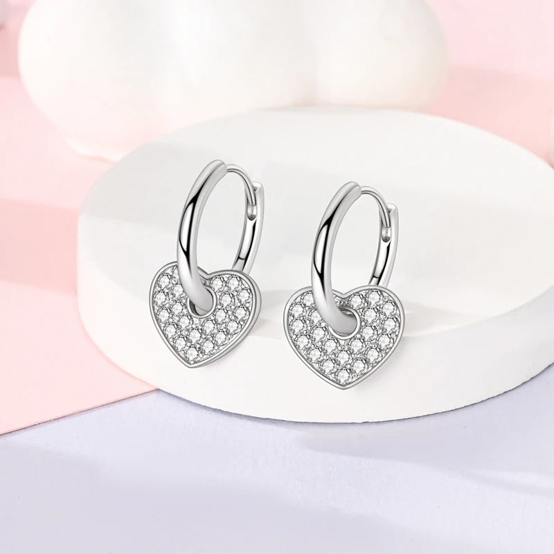 925 Sterling Silver Heart-Shaped Drop Hoop Earrings for Women Jewelry