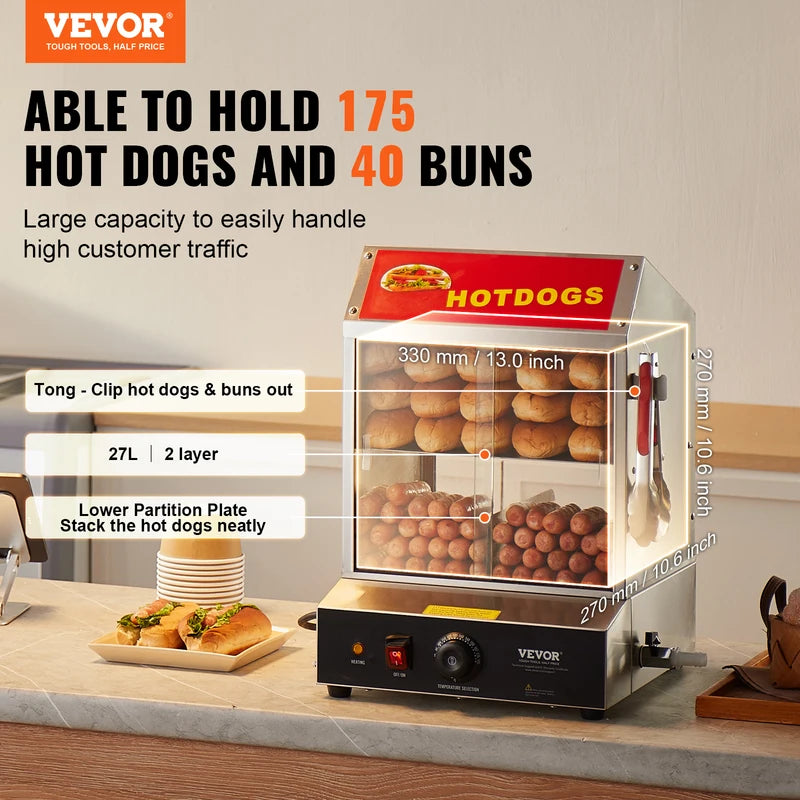 Stainless Steel Hot Dog Steamer with Temperature Control 27/37L Dual Tiers
