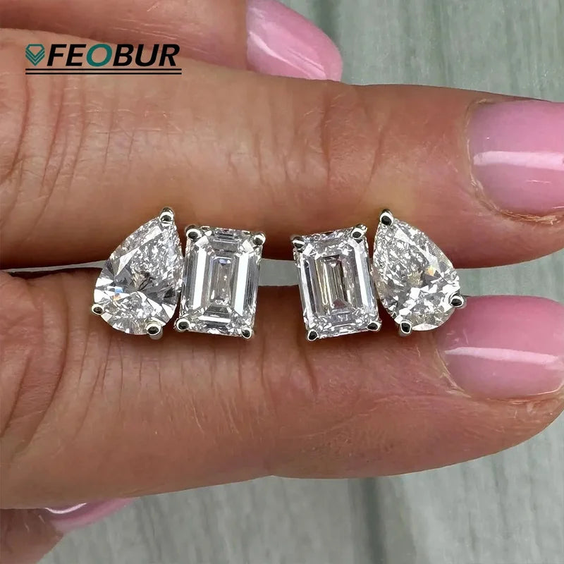 Sterling Silver Moissanite Stud Earrings for Women - Pear & Emerald Cut Jewelry