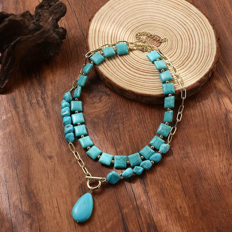 Elegant Turquoise Beaded Necklace for Women with Teardrop Pendant